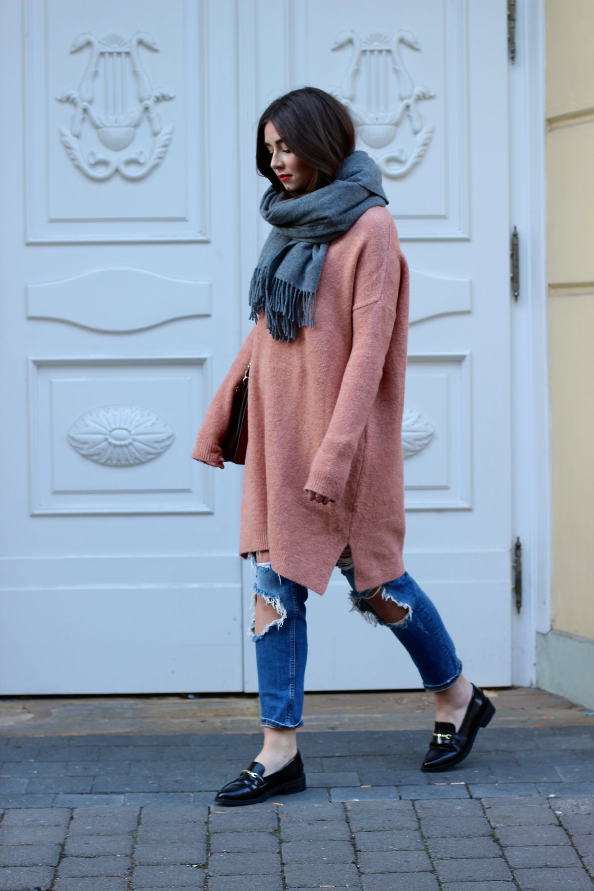 apricot asos knit, loafers