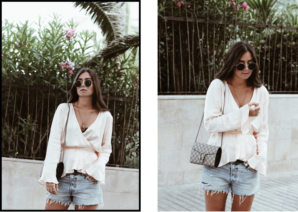 Sommer-Look: Uterque Seidenbluse, Levi's 501 Shorts, Hermes 'Oran' Sandalen & Gucci Dionysus, Mallorca, Outfit, Summer, Streetstyle, Ray Ban, Round Metal, Gucci Gürtel