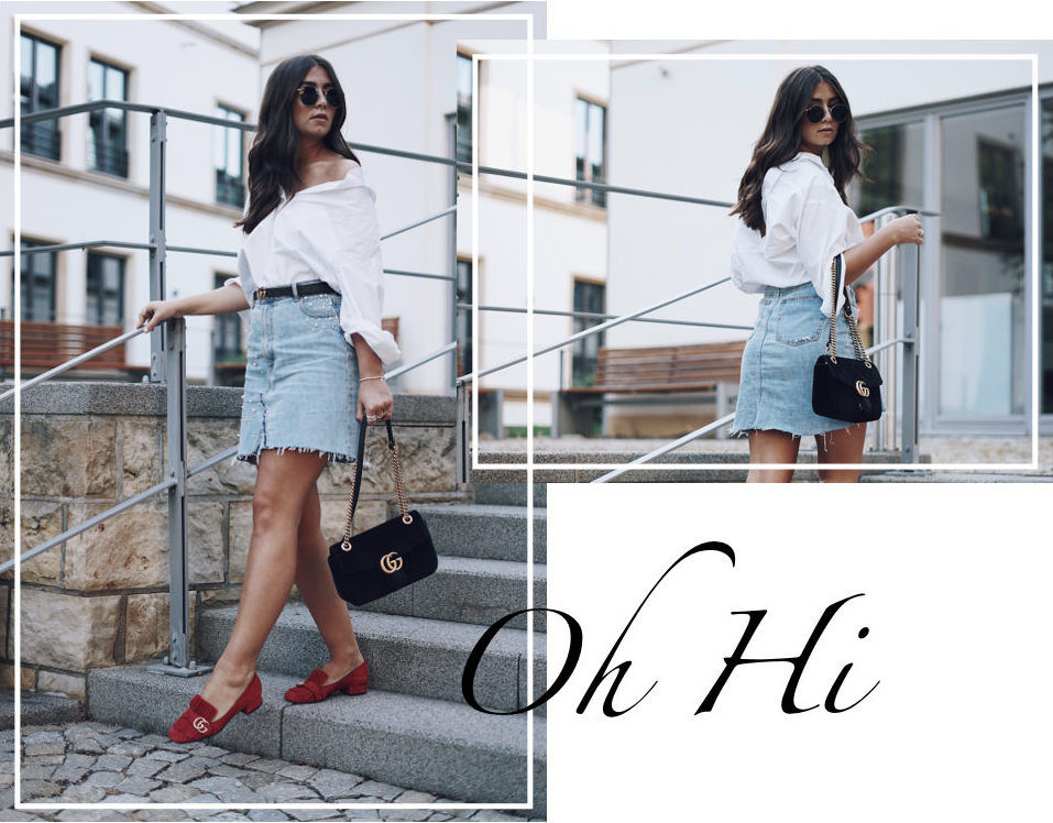 Summer-Look: Jeansrock mit Perlen, Oversized Hemd & rote Gucci Pumps, Gucci Dionysus, Gucci Gürtel, Street Style, Pandora Ringe, Ray Ban Wayfarer Sonnenbrille, Sommer, Outfit