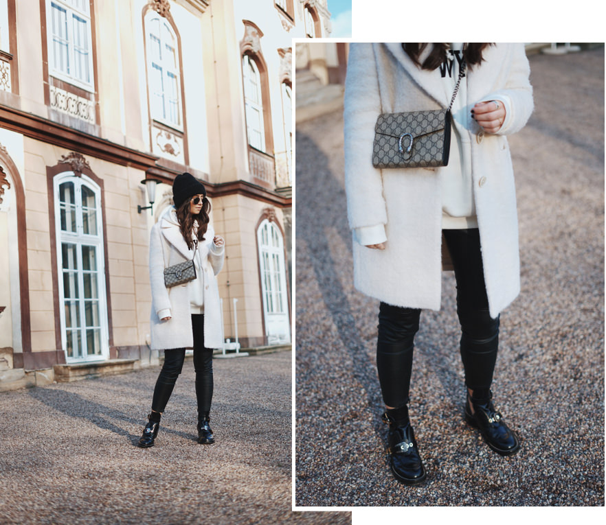 Winter-Look: Balenciaga Ceinture Boots, Lederhose, Crème Massimo Dutti Mantel, Gucci Dionysus Tasche, Ray Ban Round Metal Sonnenbrille, Beanie, Pandora Ringe, Schmuck, Erfurt, Thüringen, Bloggerin, Deutschland, Schloss Molsdorf