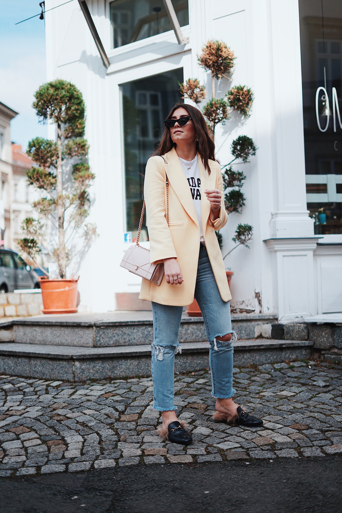 Outfit, Trendfarbe Sommer 2018, Trendfarbe Gelb, Blazer, Levi's Jeans, Gucci Princetown Slipper, Dior Tasche, Diorama, Streetstyle