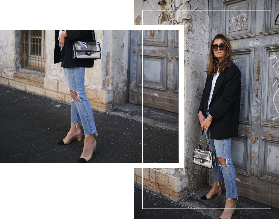 Streetstyle, Blogger, Fashion Blogger, Modeblogger, Casual look, Levis Jeans, Blazer, Oversized Blazer, Chanel Tasche, Chanel Slingbacks, Celine Cateye Sonnenbrille, Basics Shirt